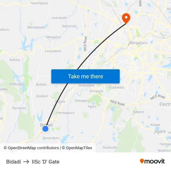 Bidadi to IISc 'D' Gate map