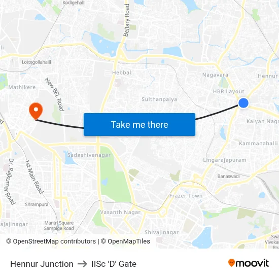 Hennur Junction to IISc 'D' Gate map
