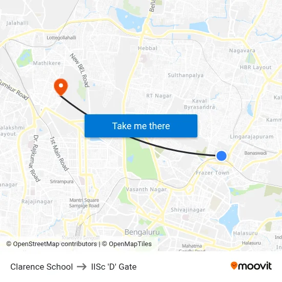 Clarence School to IISc 'D' Gate map