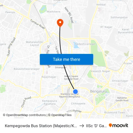 Kempegowda Bus Station (Majestic/Kbs) to IISc 'D' Gate map