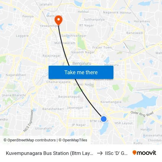 Kuvempunagara Bus Station (Btm Layout) to IISc 'D' Gate map