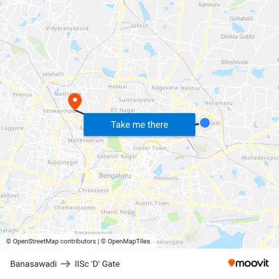 Banasawadi to IISc 'D' Gate map
