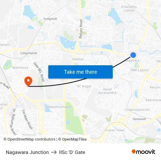 Nagawara Junction to IISc 'D' Gate map