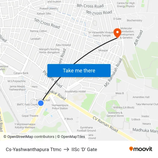 Cs-Yashwanthapura Ttmc to IISc 'D' Gate map