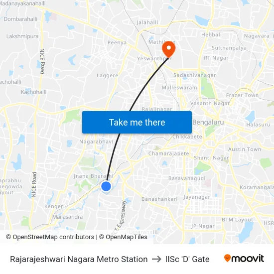 Rajarajeshwari Nagara Metro Station to IISc 'D' Gate map