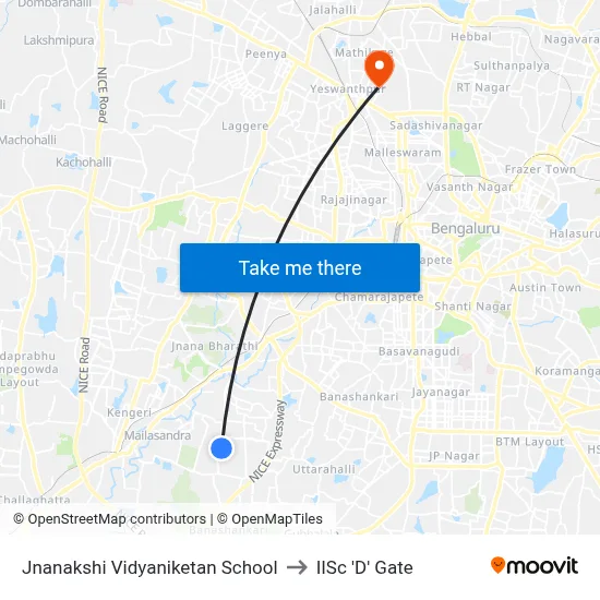 Jnanakshi Vidyaniketan School to IISc 'D' Gate map