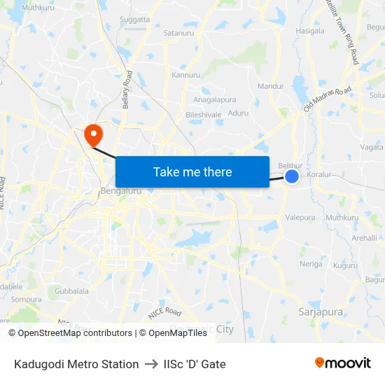Kadugodi Metro Station to IISc 'D' Gate map