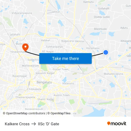 Kalkere Cross to IISc 'D' Gate map