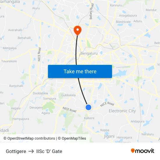 Gottigere to IISc 'D' Gate map