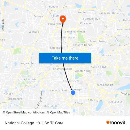 National College to IISc 'D' Gate map