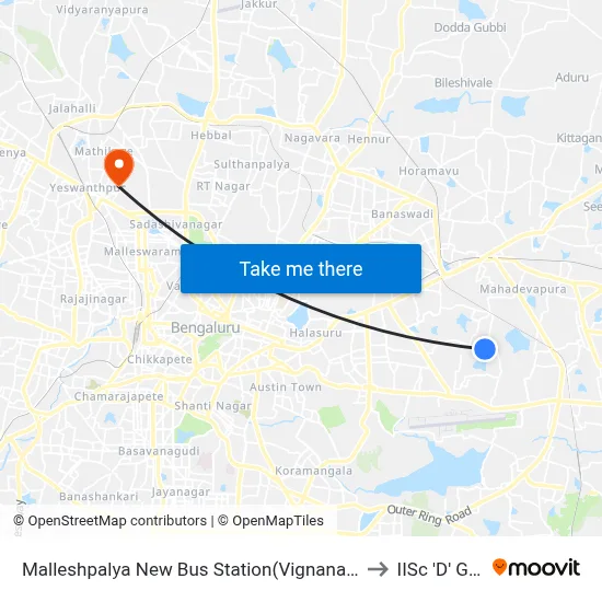 Malleshpalya New Bus Station(Vignananagar) to IISc 'D' Gate map