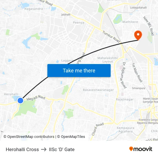 Herohalli Cross to IISc 'D' Gate map