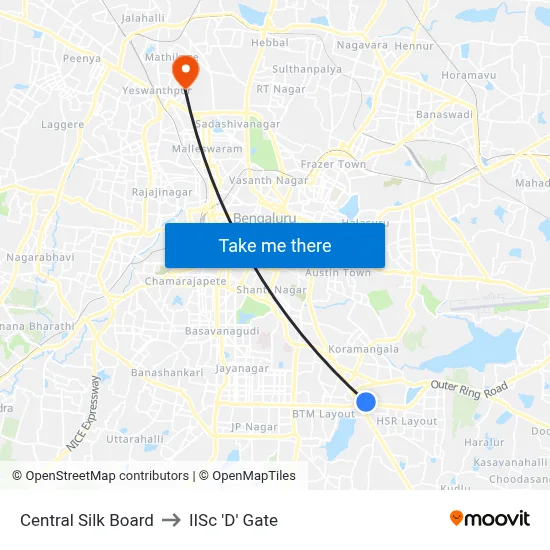 Central Silk Board to IISc 'D' Gate map