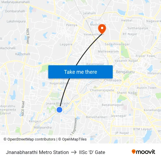 Jnanabharathi Metro Station (Buc Gate) to IISc 'D' Gate map