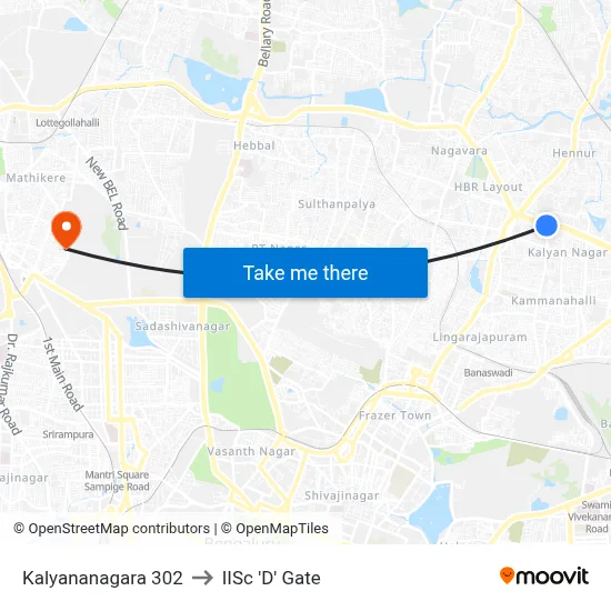 Kalyananagara 302 to IISc 'D' Gate map