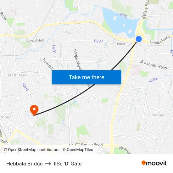 Hebbala Bridge to IISc 'D' Gate map