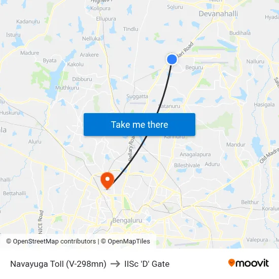 Navayuga Toll (V-298mn) to IISc 'D' Gate map