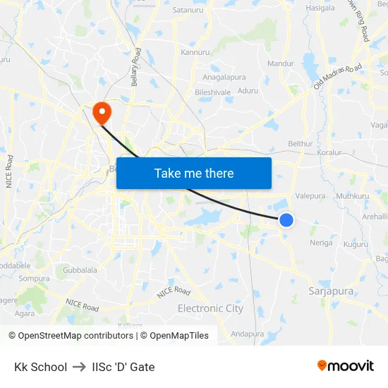 Kk School to IISc 'D' Gate map