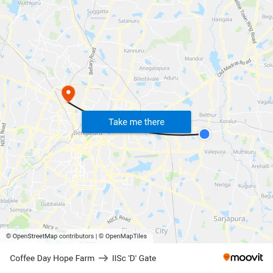 Coffee Day Hope Farm to IISc 'D' Gate map