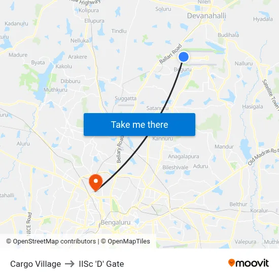 Cargo Village to IISc 'D' Gate map