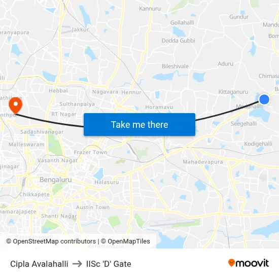 Cipla Avalahalli to IISc 'D' Gate map