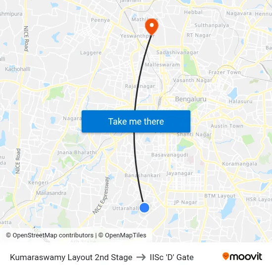 Kumaraswamy Layout 2nd Stage to IISc 'D' Gate map