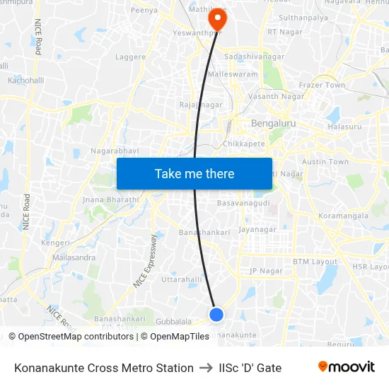 Konanakunte Cross Metro Station to IISc 'D' Gate map