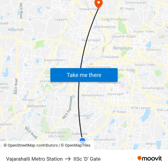 Vajarahalli Metro Station to IISc 'D' Gate map