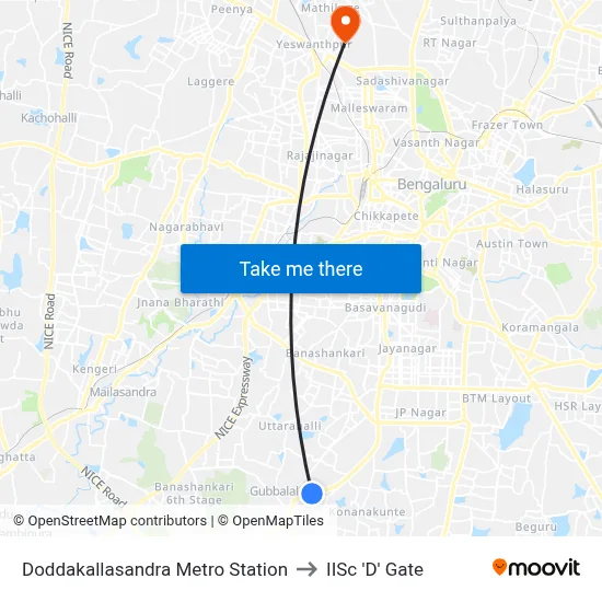 Doddakallasandra Metro Station to IISc 'D' Gate map