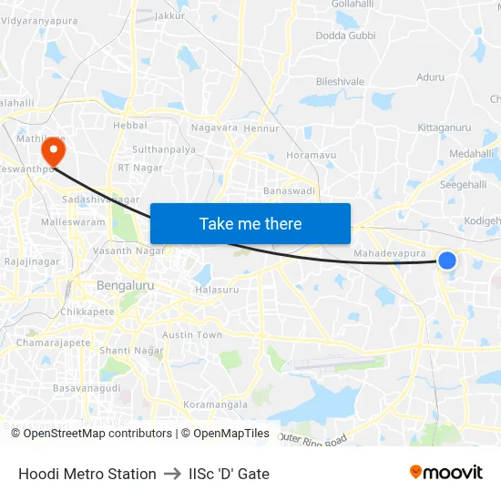 Hoodi Metro Station to IISc 'D' Gate map
