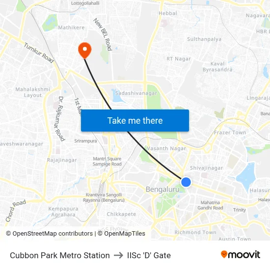 Cubbon Park Metro Station to IISc 'D' Gate map