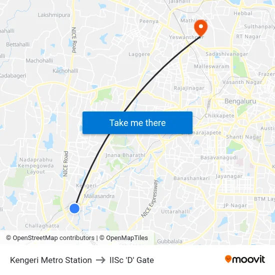 Kengeri Metro Station to IISc 'D' Gate map