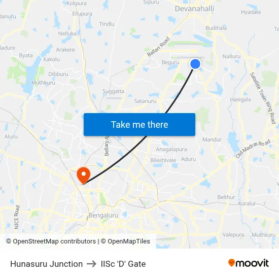 Hunasuru Junction to IISc 'D' Gate map