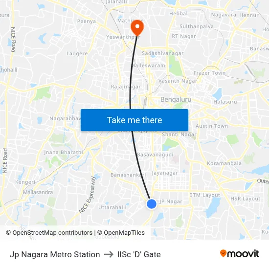 Jp Nagara Metro Station to IISc 'D' Gate map
