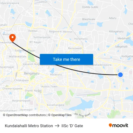 Kundalahalli Metro Station to IISc 'D' Gate map