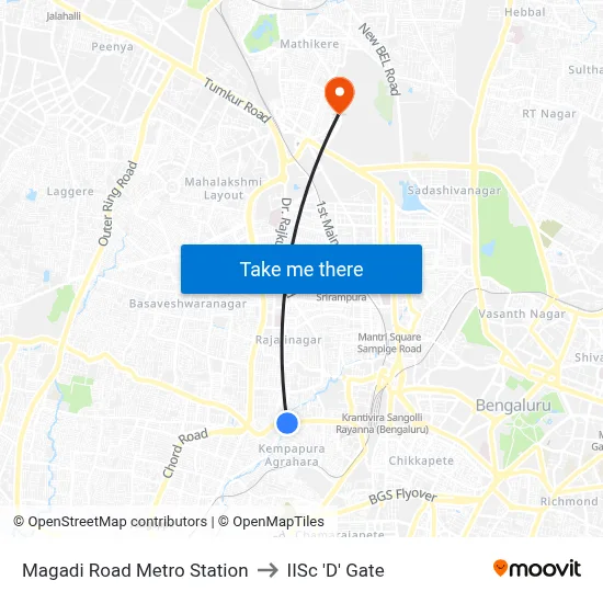 Magadi Road Metro Station to IISc 'D' Gate map