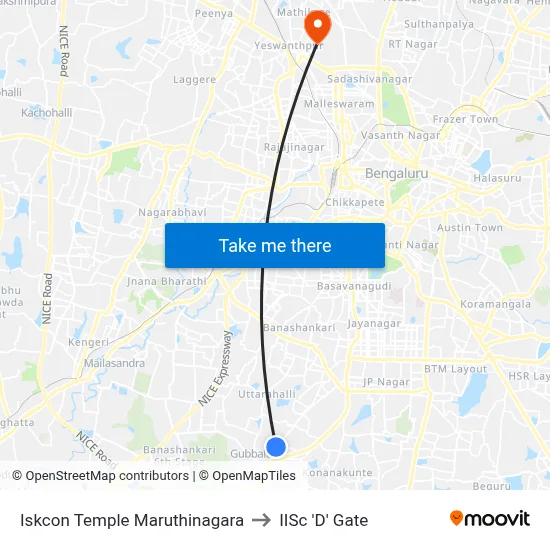 Iskcon Temple Maruthinagara to IISc 'D' Gate map