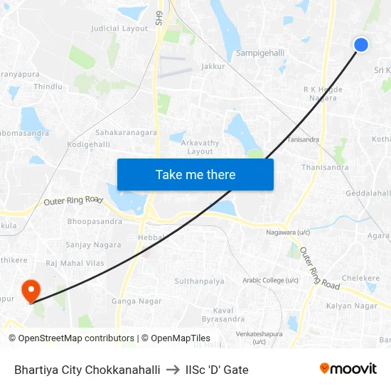 Bhartiya City Chokkanahalli to IISc 'D' Gate map