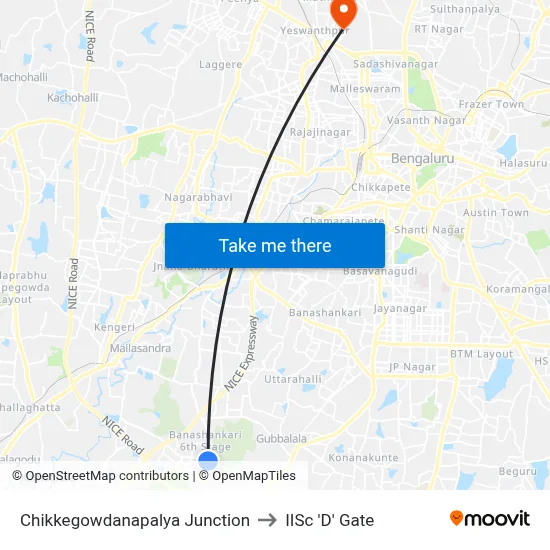 Chikkegowdanapalya Junction to IISc 'D' Gate map