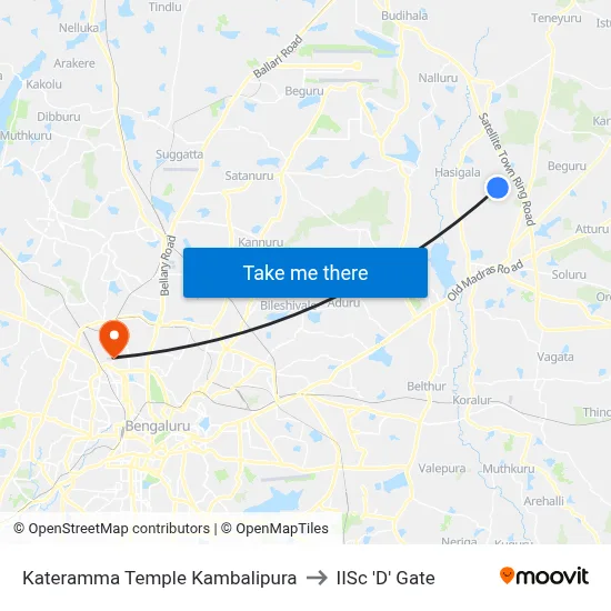 Kateramma Temple Kambalipura to IISc 'D' Gate map