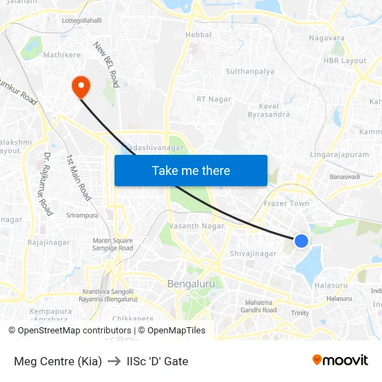 Meg Centre (Kia) to IISc 'D' Gate map