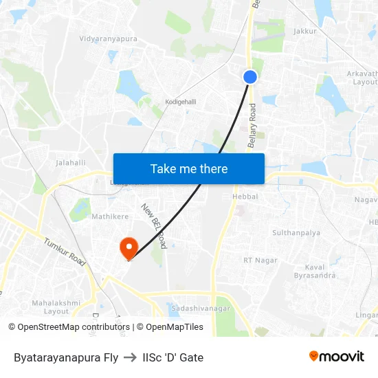 Byatarayanapura Fly to IISc 'D' Gate map
