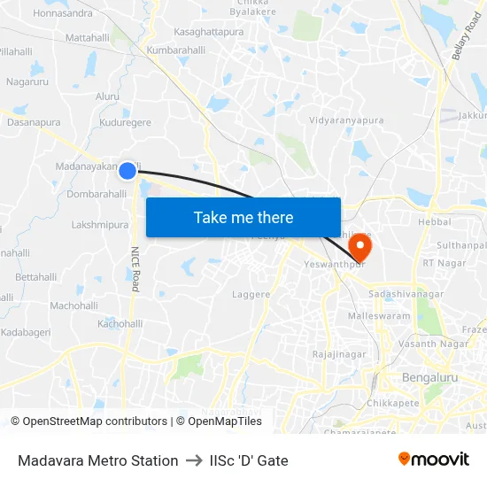 Madavara Metro Station to IISc 'D' Gate map