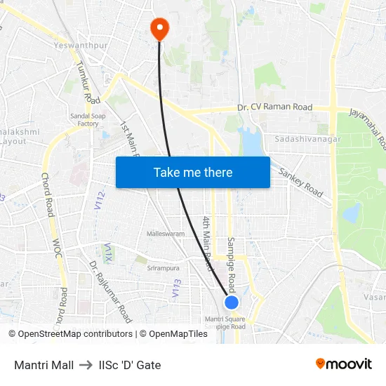 Mantri Mall to IISc 'D' Gate map