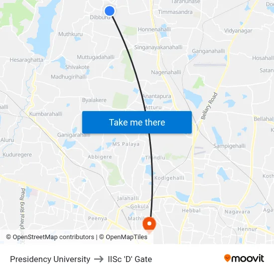 Presidency University to IISc 'D' Gate map