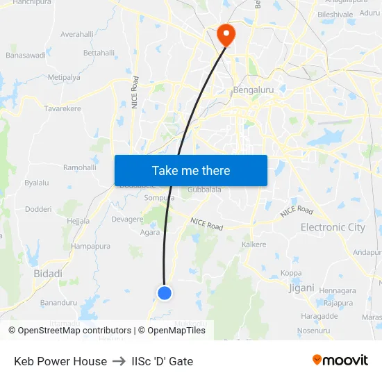 Keb Power House to IISc 'D' Gate map