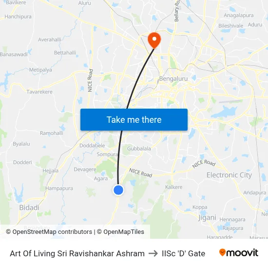 Art Of Living Sri Ravishankar Ashram to IISc 'D' Gate map