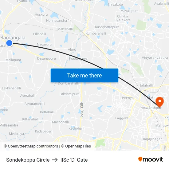 Sondekoppa Circle to IISc 'D' Gate map