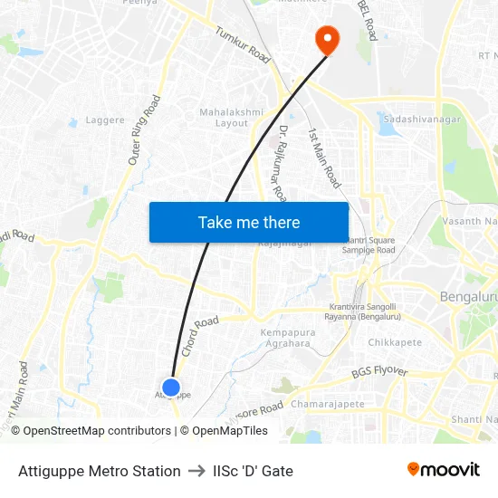 Attiguppe Metro Station to IISc 'D' Gate map