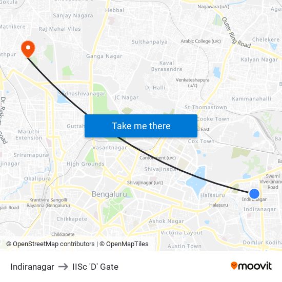 Indiranagar to IISc 'D' Gate map